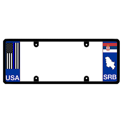 License plate frame with a thin blue line flag on the left and a Serbia flag on the right by DFS Brands.