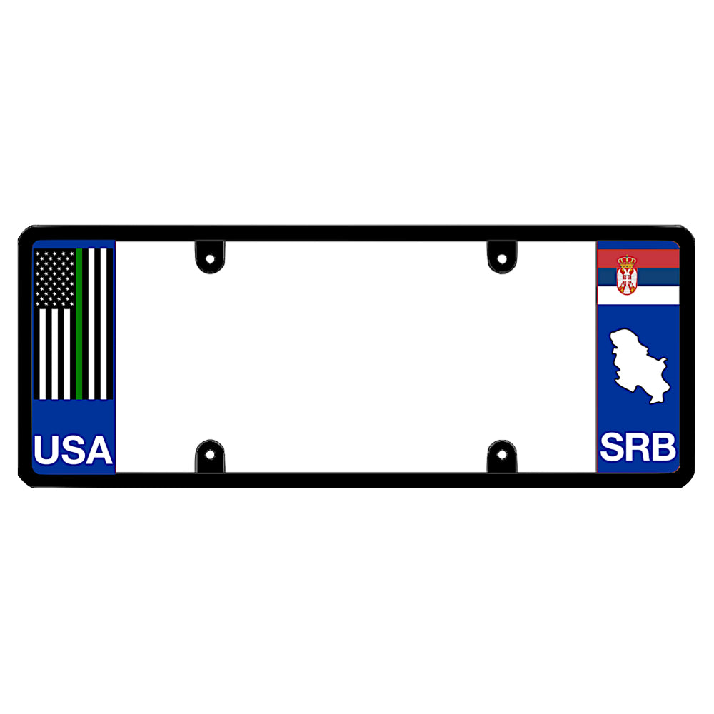 License plate frame with a thin green line flag on the left and a Serbia flag on the right by DFS Brands.