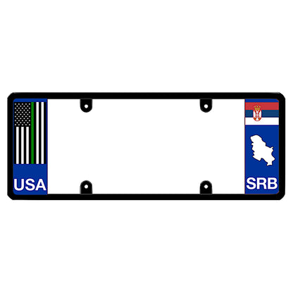 License plate frame with a thin green line flag on the left and a Serbia flag on the right by DFS Brands.