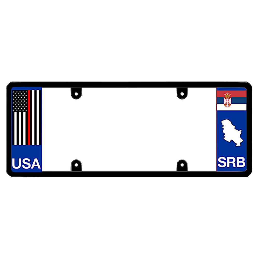 License plate frame with a thin red line flag on the left and a Serbia flag on the right by DFS Brands.