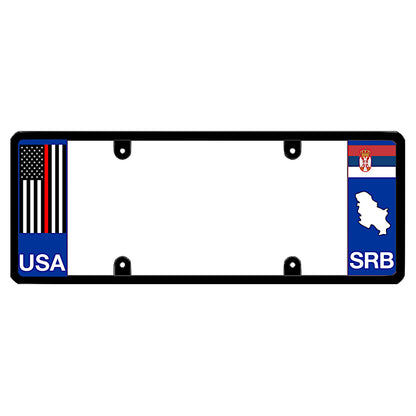 License plate frame with a thin red line flag on the left and a Serbia flag on the right by DFS Brands.