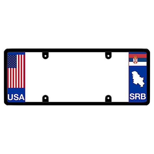 Serbia black license plate frame with the Serbian flag on the right side and the American flag on the left side, with 'USA' and 'SRB' text respectively.