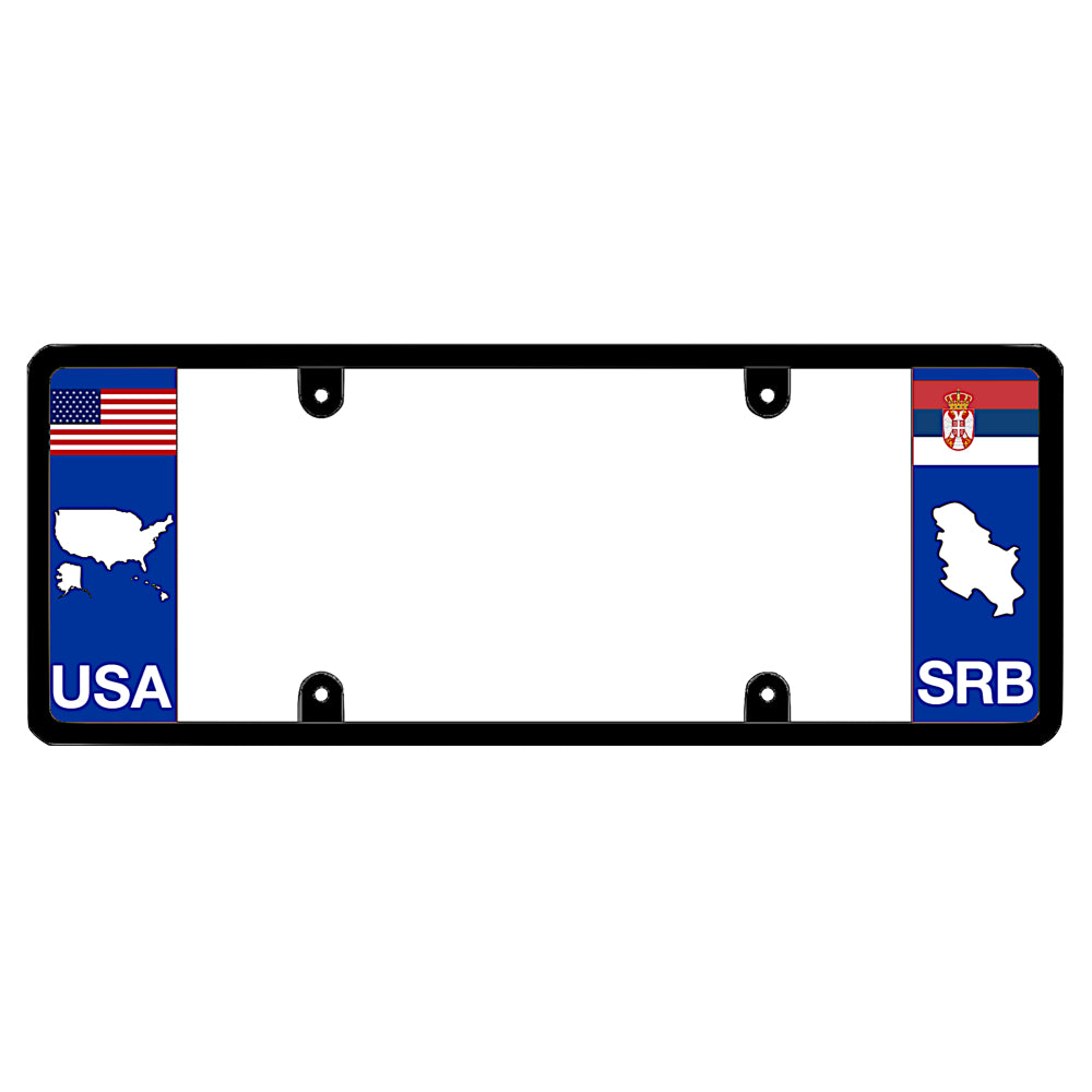 License plate frame with a USA map graphic on the left and a Serbia flag on the right by DFS Brands.