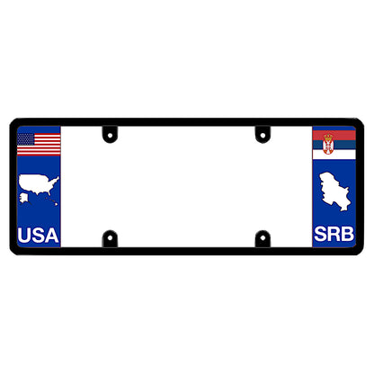 License plate frame with a USA map graphic on the left and a Serbia flag on the right by DFS Brands.
