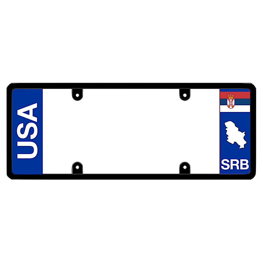 License plate frame with bold vertical USA text on the left and a Serbia flag on the right by DFS Brands.