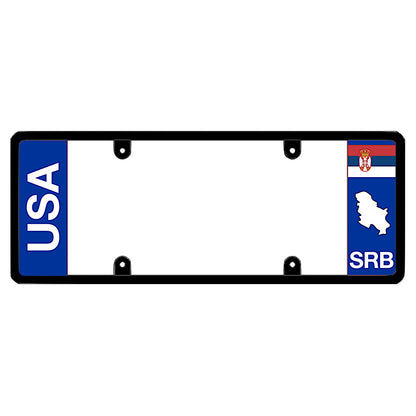 License plate frame with bold vertical USA text on the left and a Serbia flag on the right by DFS Brands.