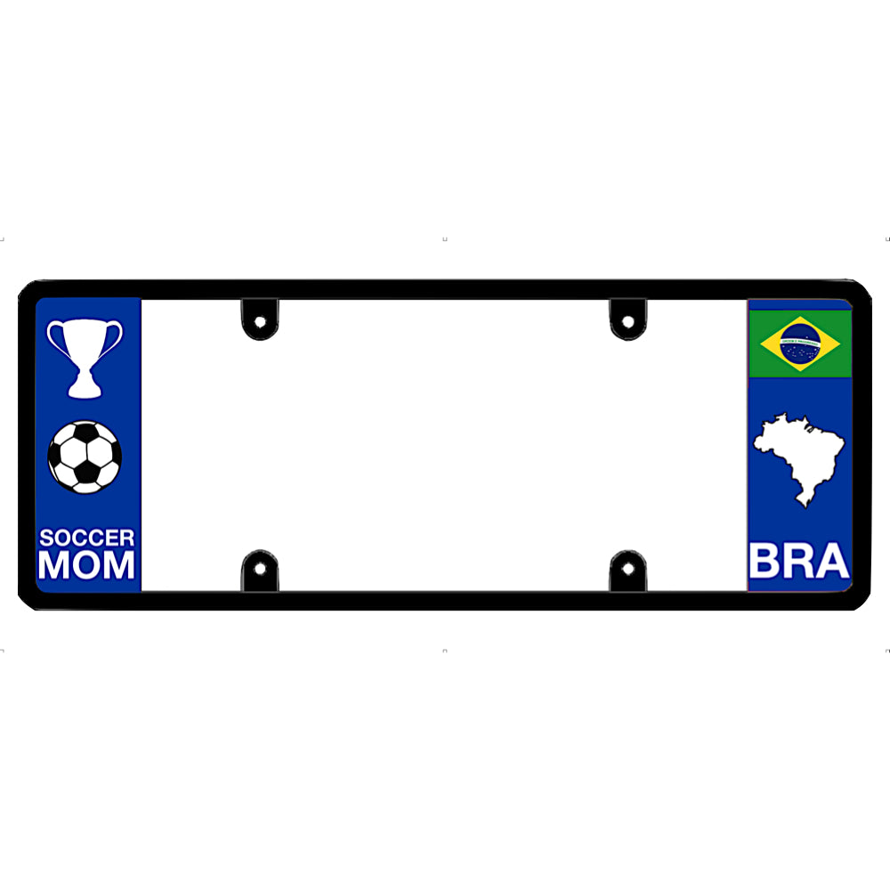 Brazil license plate frame with soccer mom and Brazil flag design on a white background