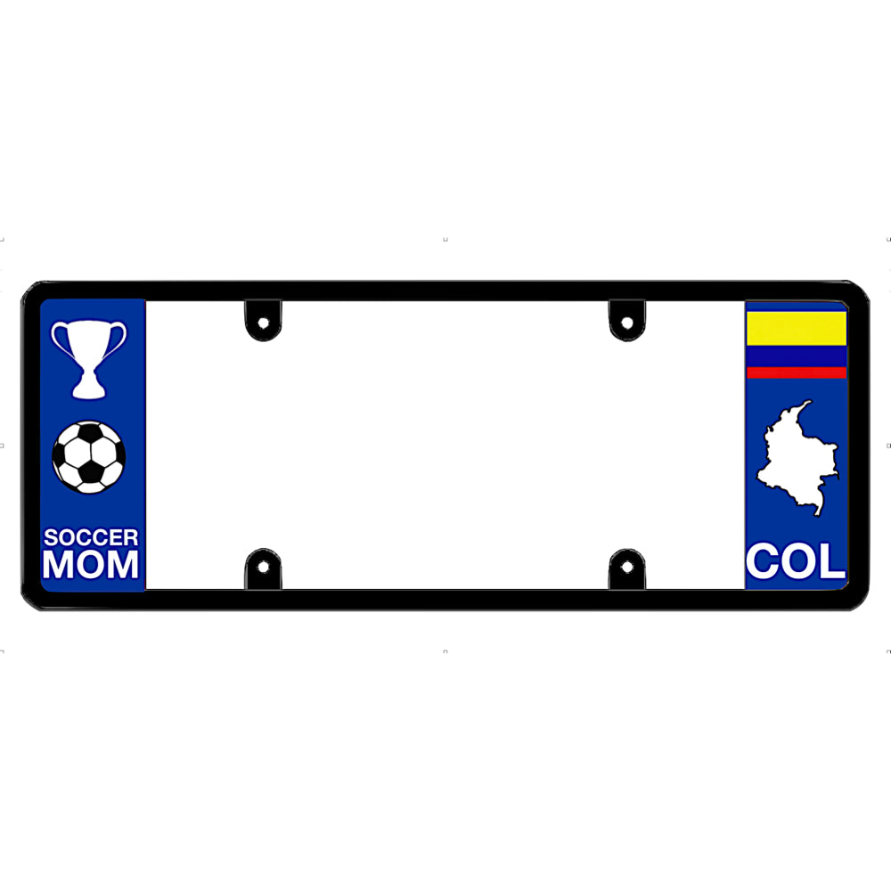 License plate frame with soccer mom design and Colombia flag