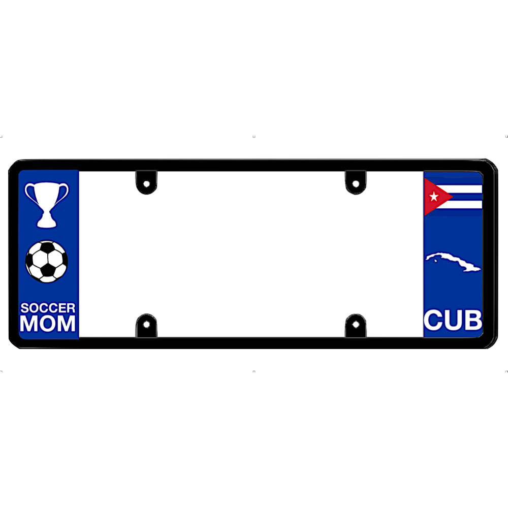 License plate frame with soccer mom and Cuba flag designs on a white background