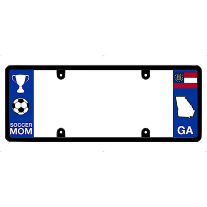 License plate frame with 'Soccer Mom' and Georgia state symbols on a white background