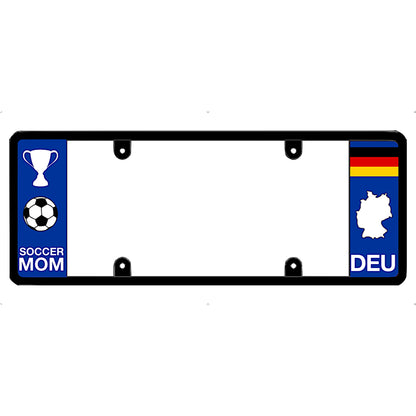 License plate frame with soccer mom text and German flag design on a white background