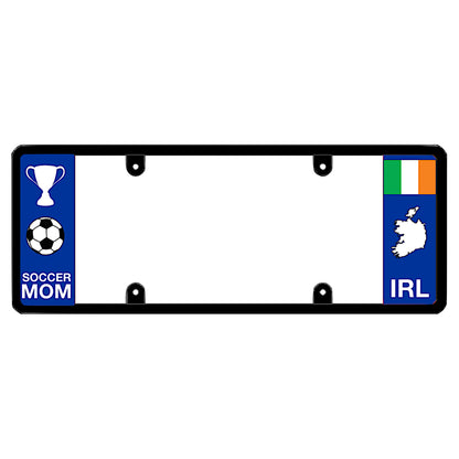 Soccer Mom car novelty frame with soccer trophy and Ireland flag, fun identity gift for proud Irish American moms