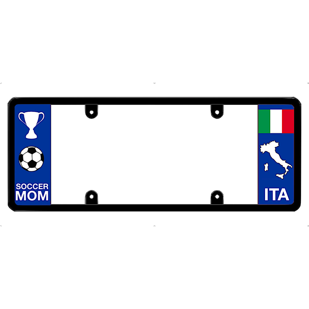Italy License plate frame with soccer mom and ITA symbols on a white background