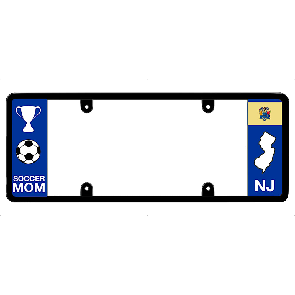New Jersey license plate frame with 'Soccer Mom' and NJ state symbols on a white background