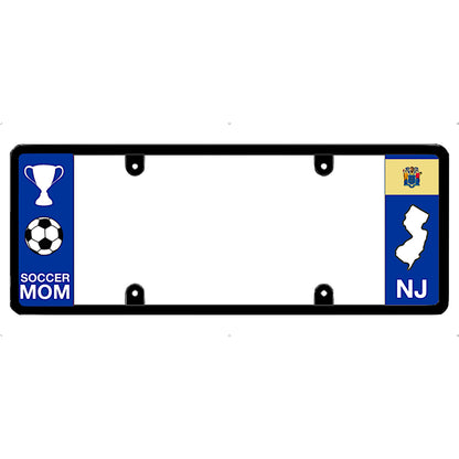 New Jersey license plate frame with 'Soccer Mom' and NJ state symbols on a white background