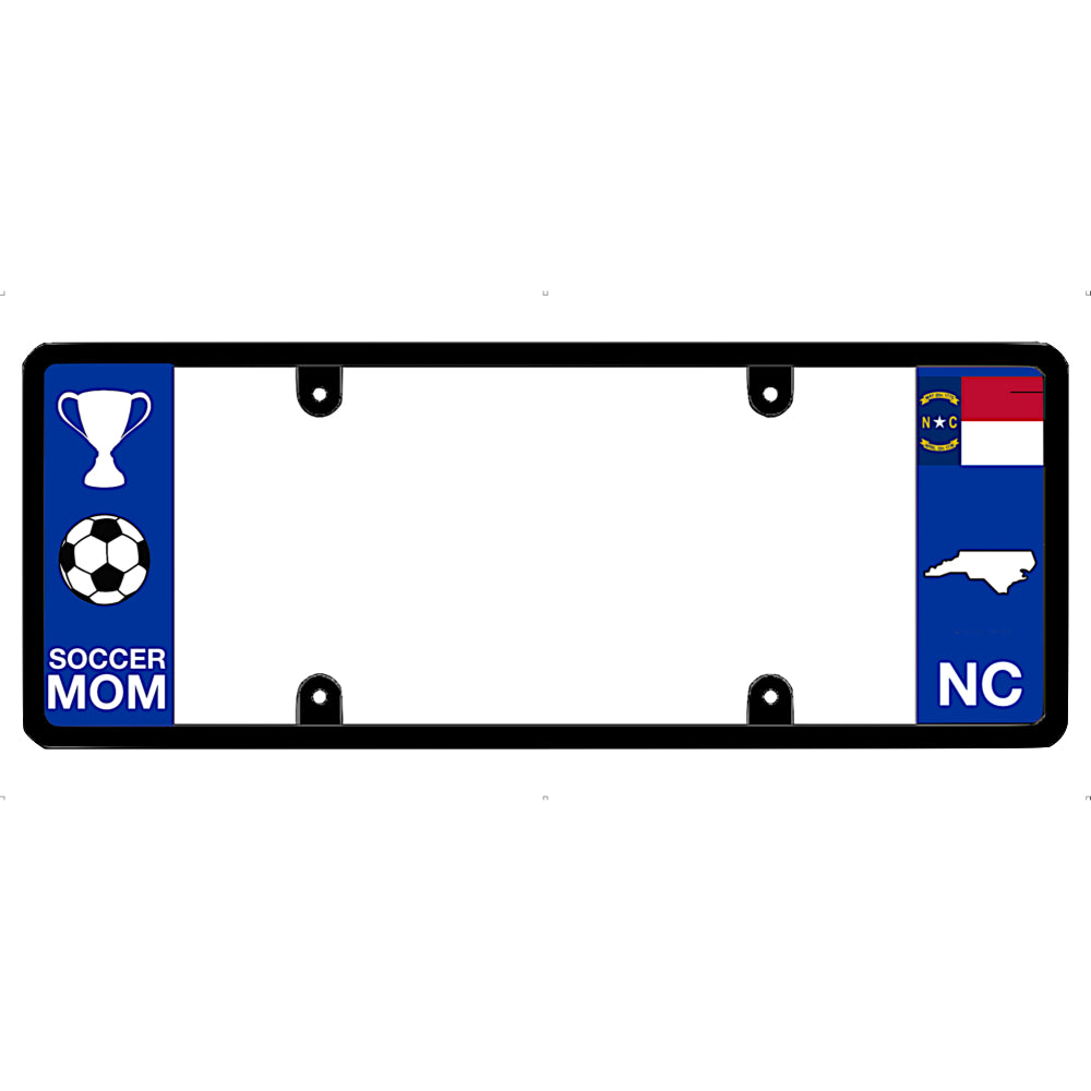 License plate frame with 'Soccer Mom' and North Carolina state symbols on a white background
