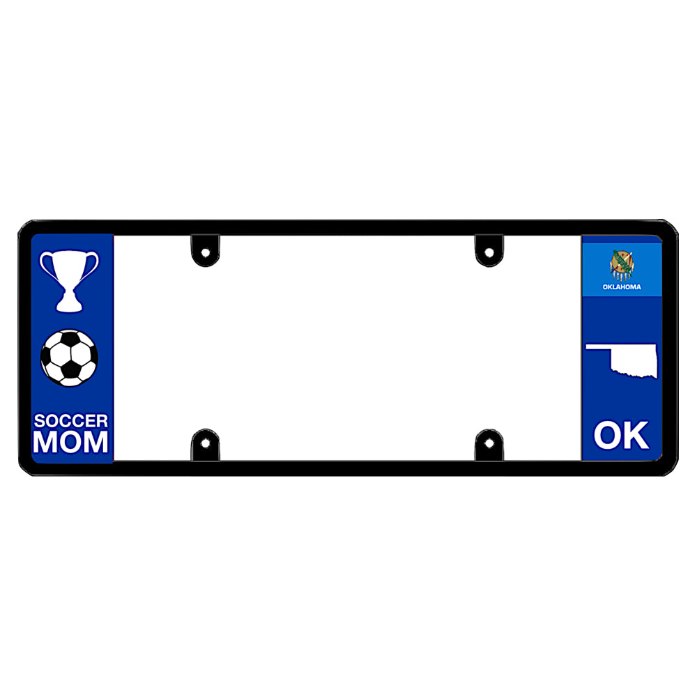 Soccer Mom Euro size vanity frame with soccer ball graphic and Oklahoma state badge, fun gift for local sports moms.