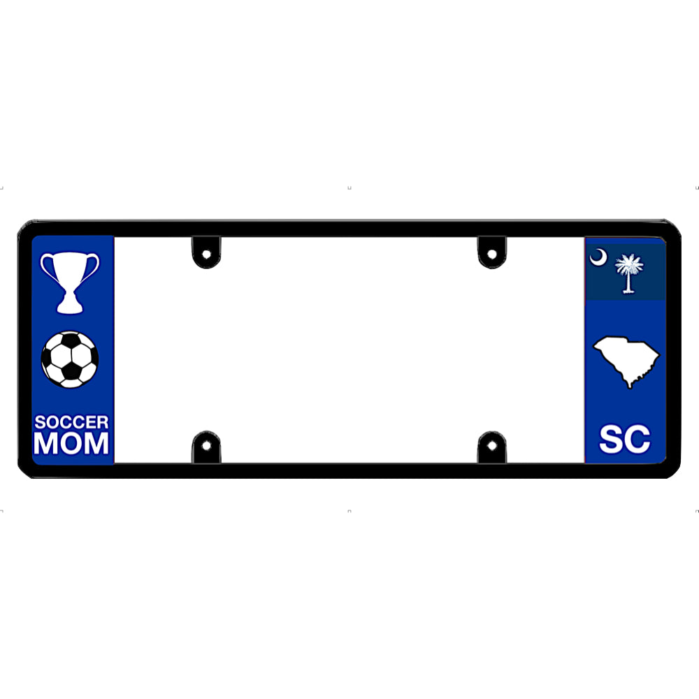 License plate frame with soccer mom design and South Carolina state symbols on a white background