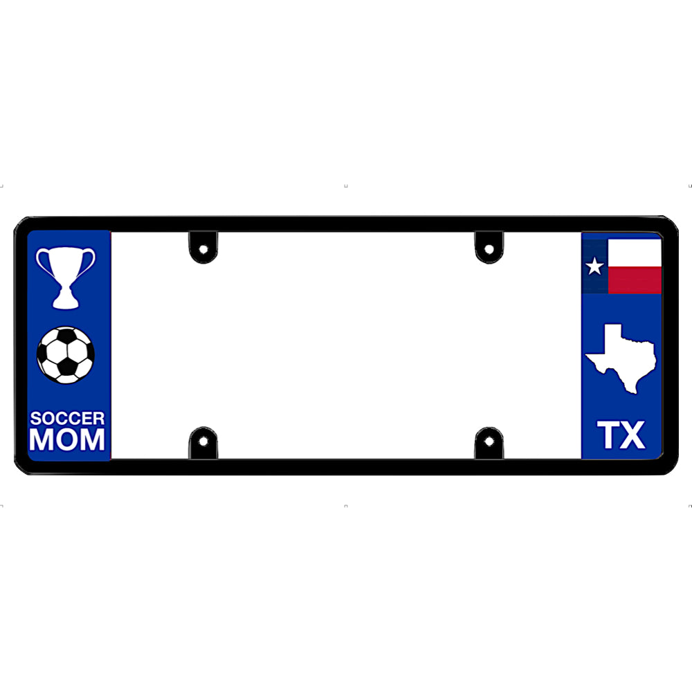Texas license plate frame with Texas design and 'Soccer Mom' text on a white background
