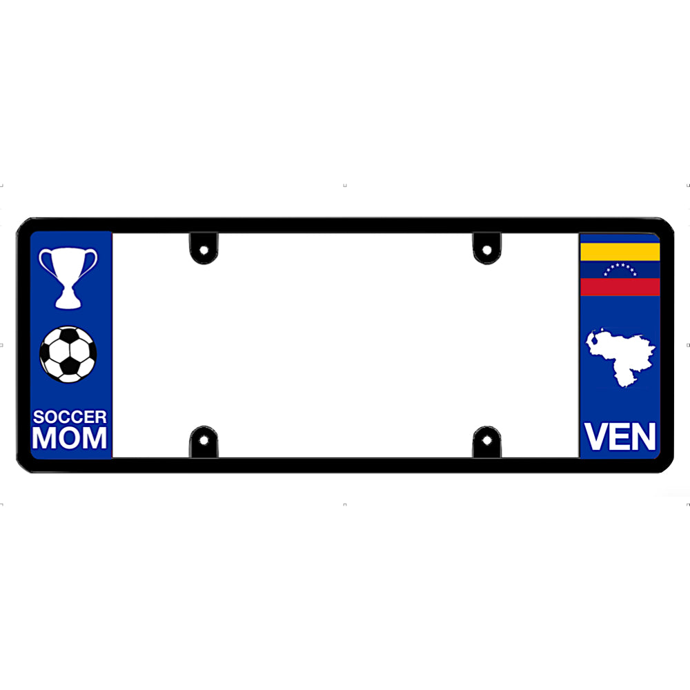 Venezuela license plate frame with soccer mom and Venezuelan flag design on a white background