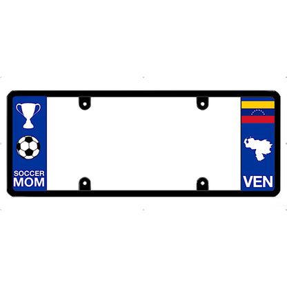 Venezuela license plate frame with soccer mom and Venezuelan flag design on a white background