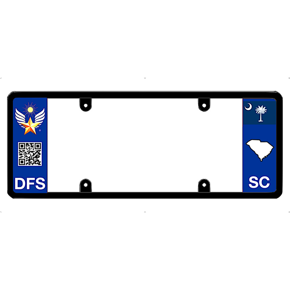 Car license plate frame with South Carolina state symbols and DFS logo on a white background