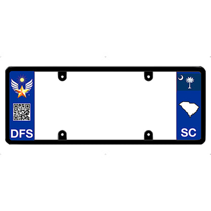 Car license plate frame with South Carolina state symbols and DFS logo on a white background