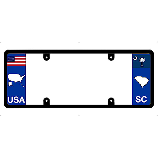 License plate frame with USA and South Carolina flags on a white background