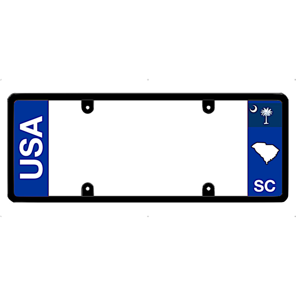 South Carolina License plate frame with 'USA' and 'SC' text on a white background