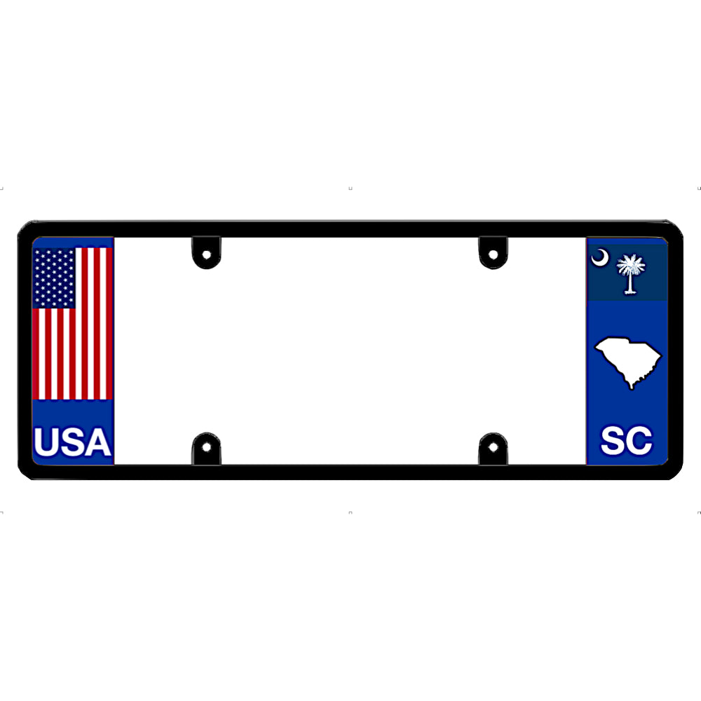Black license plate frame with USA and South Carolina flags on a white background
