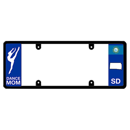 A dance mom themed black elongated South Dakota license plate frame showing a dancer silhouette and a blue SD panel by DFS Brands.