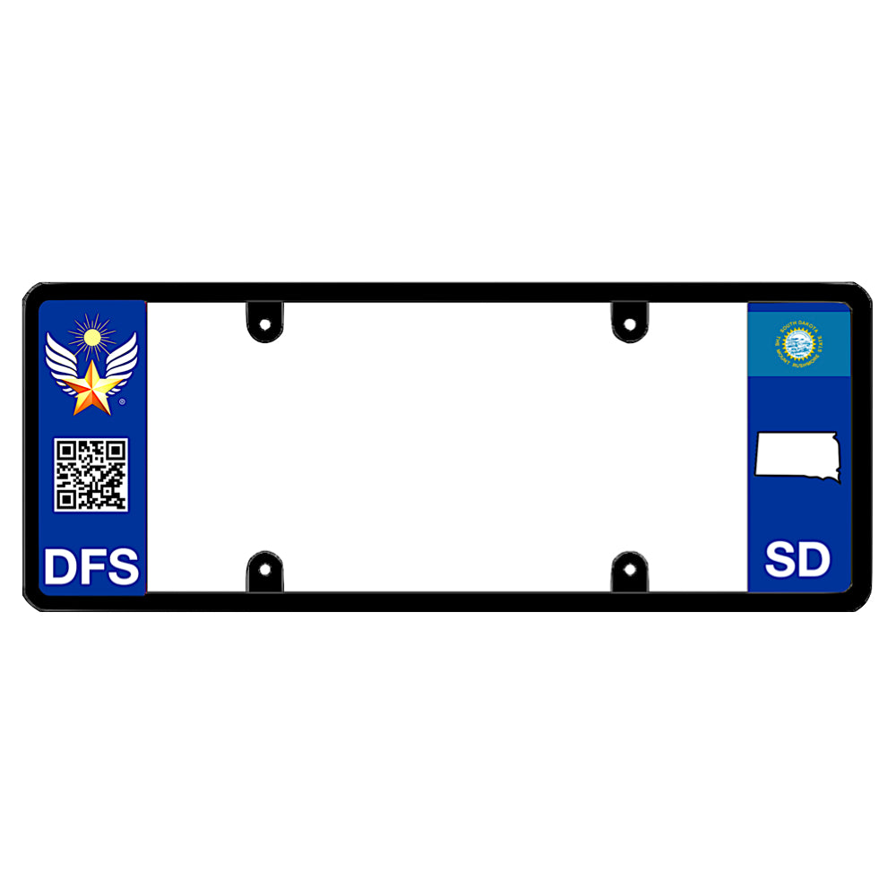 Official DFS Brands patented South Dakota license plate frame with a scan QR code and a blue SD logo side wing.