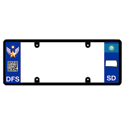 Official DFS Brands patented South Dakota license plate frame with a scan QR code and a blue SD logo side wing.