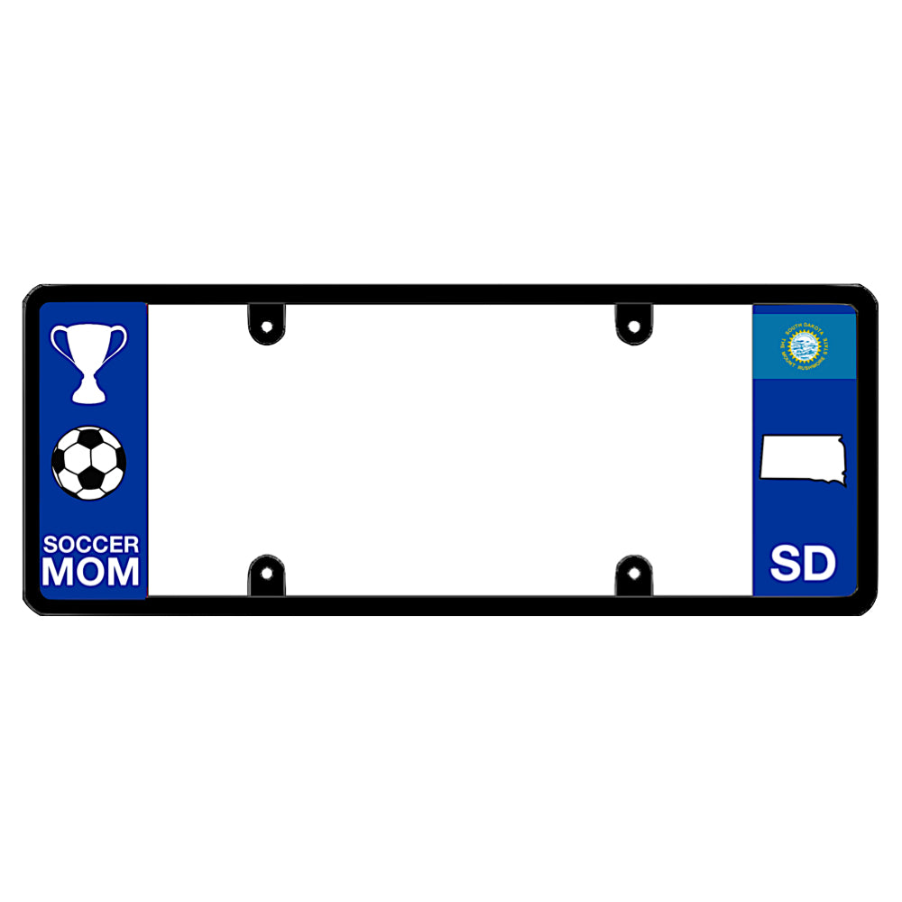 A black elongated South Dakota license plate frame featuring a soccer mom theme and a blue SD side panel by DFS Brands.