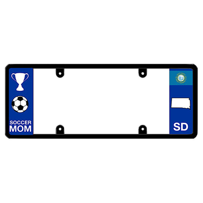 A black elongated South Dakota license plate frame featuring a soccer mom theme and a blue SD side panel by DFS Brands.