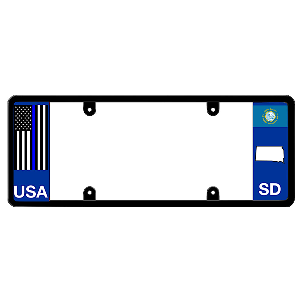 A black elongated South Dakota license plate frame with a thin blue line flag and printed SD text by DFS Brands.