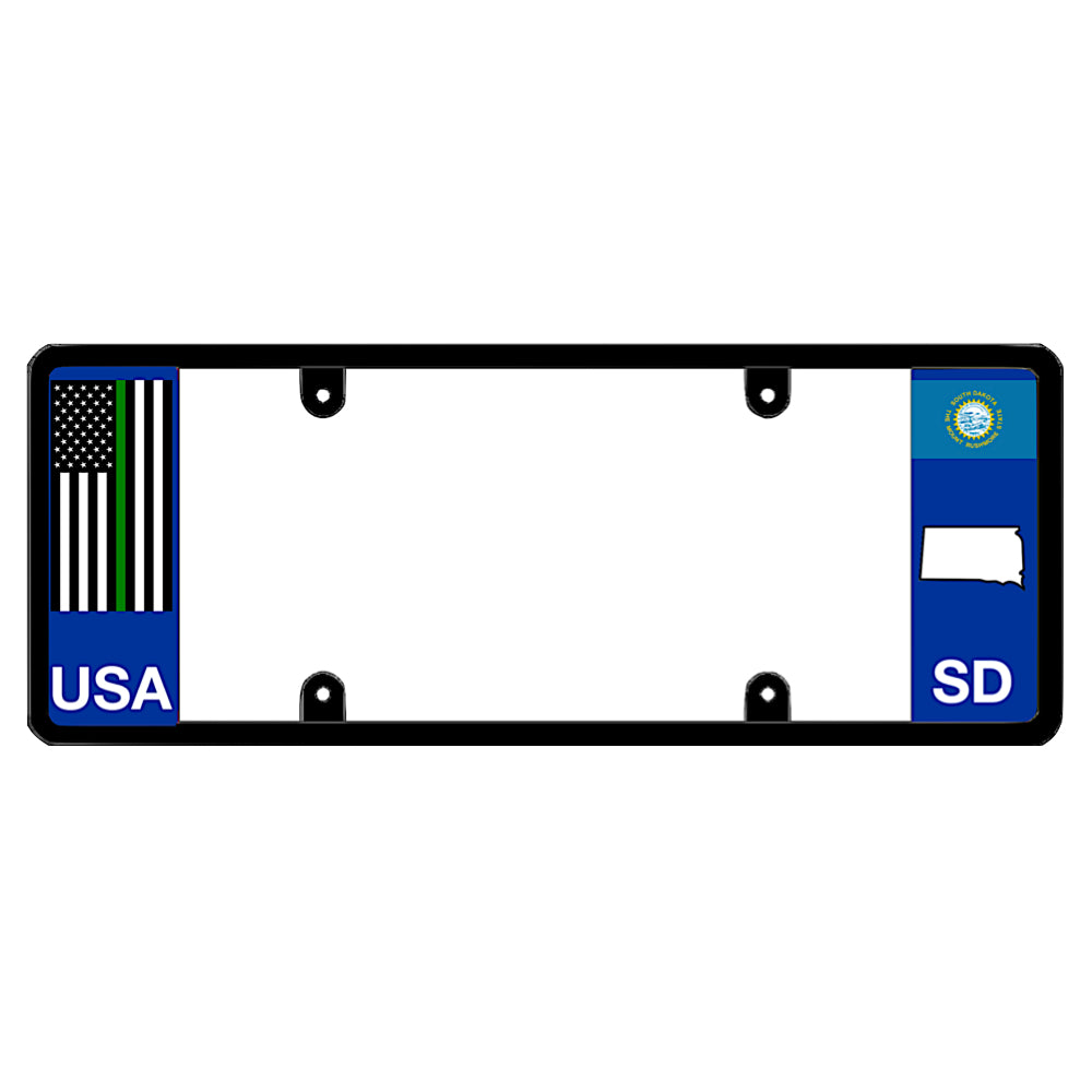 A black elongated South Dakota license plate holder with a tactical thin green line flag and printed SD graphics by DFS Brands.