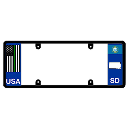 A black elongated South Dakota license plate holder with a tactical thin green line flag and printed SD graphics by DFS Brands.