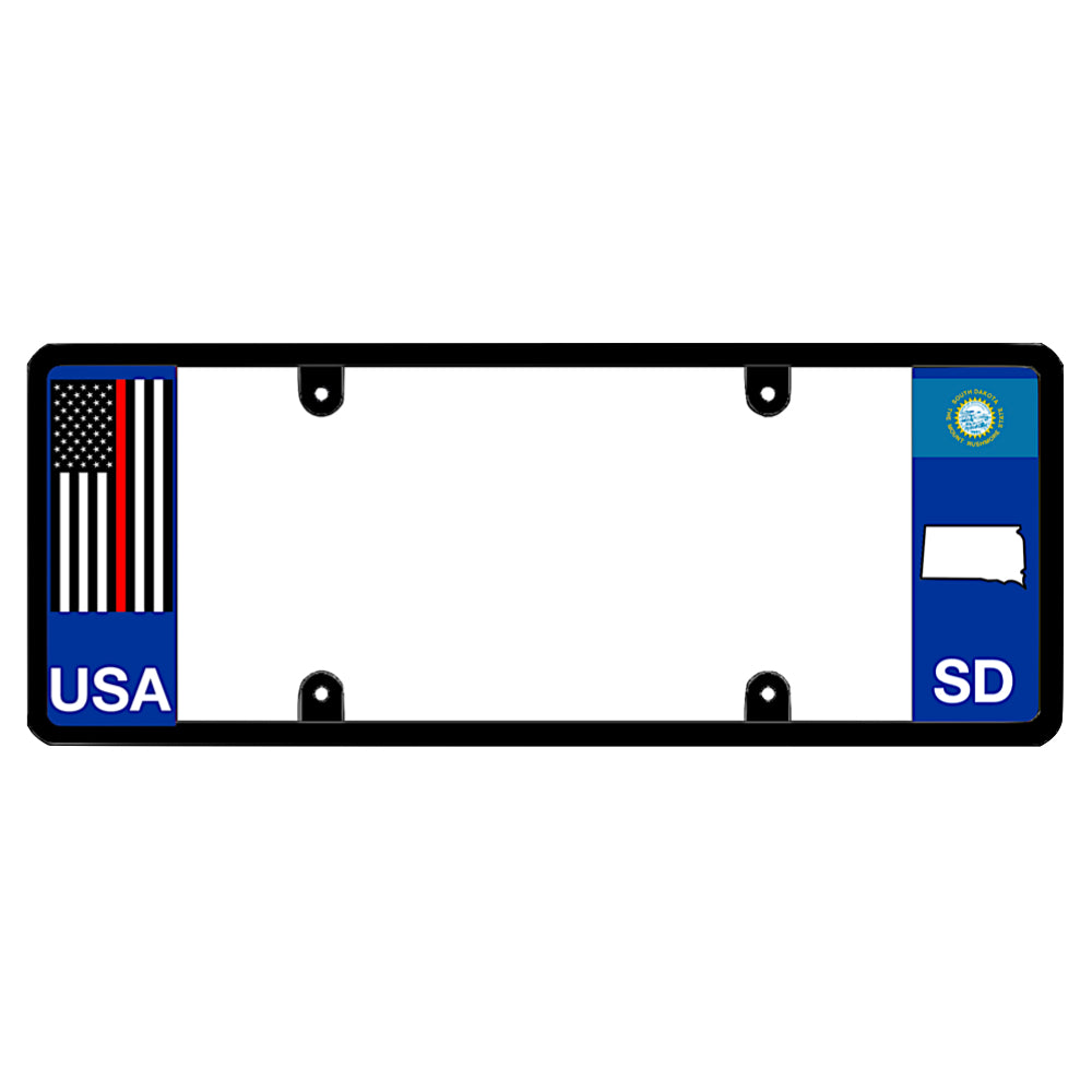 A black elongated South Dakota license plate frame featuring a thin red line firefighter flag and blue SD text panel by DFS Brands.