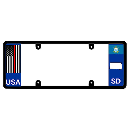 A black elongated South Dakota license plate frame featuring a thin red line firefighter flag and blue SD text panel by DFS Brands.