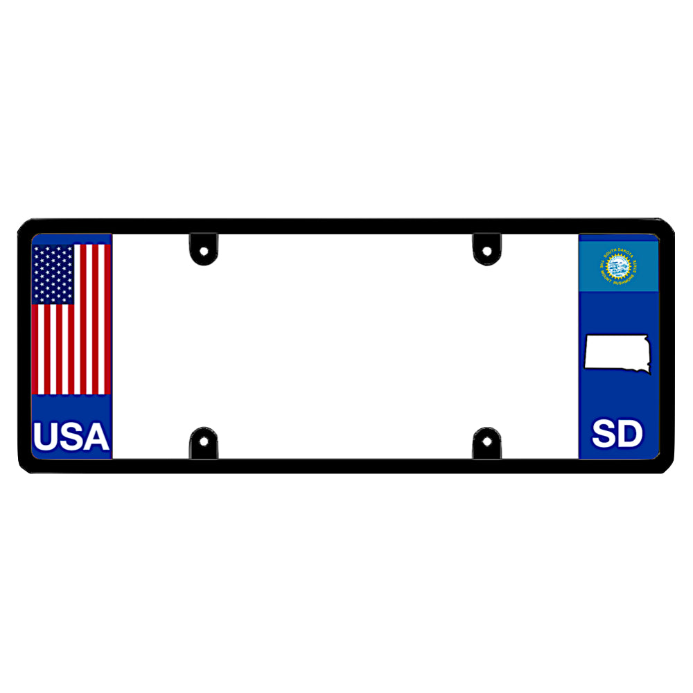 A black elongated South Dakota license plate frame with a USA flag design and a white SD state map outline by DFS Brands.