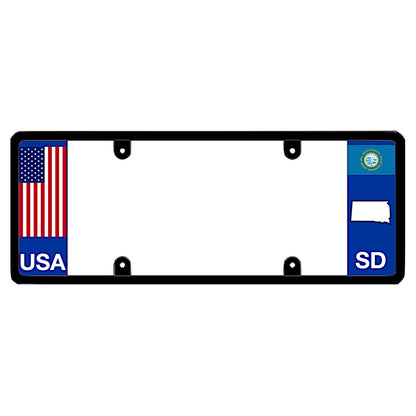 A black elongated South Dakota license plate frame with a USA flag design and a white SD state map outline by DFS Brands.