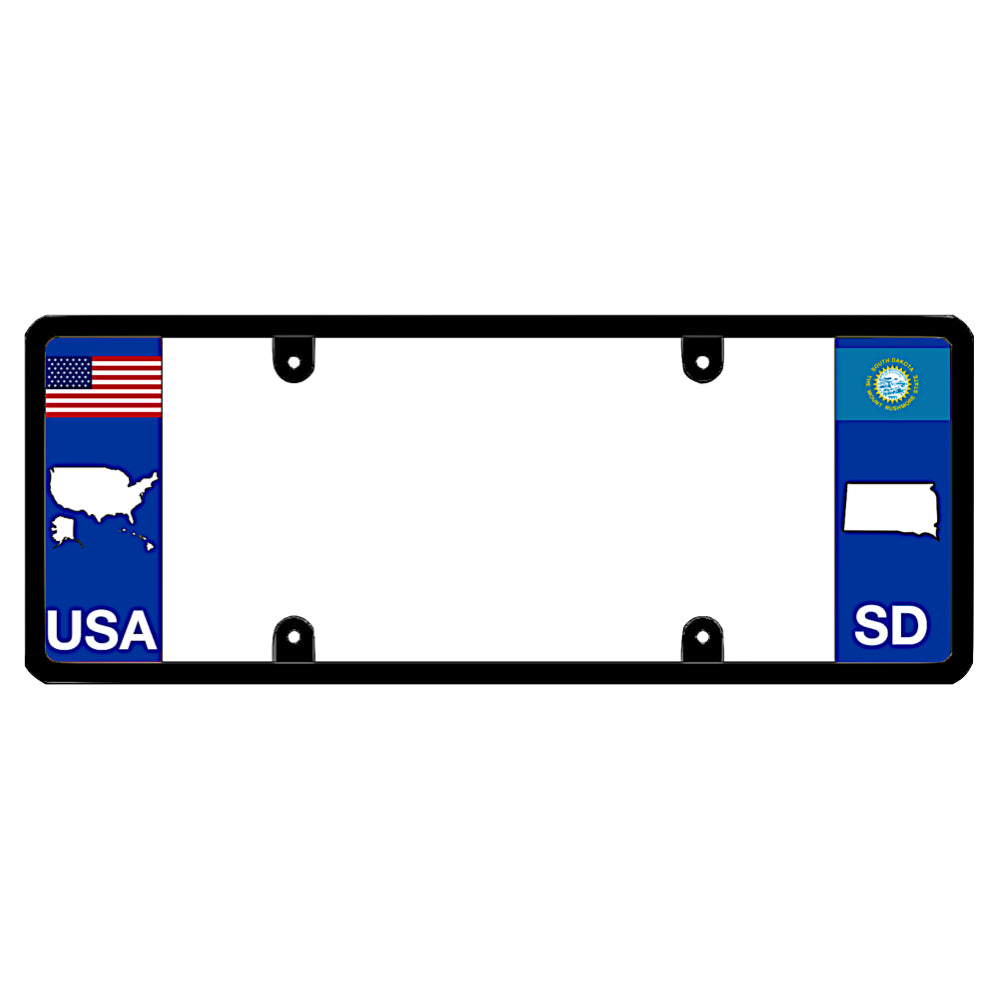 A black elongated South Dakota car tag holder showcasing a USA map graphic and a white SD state silhouette by DFS Brands.
