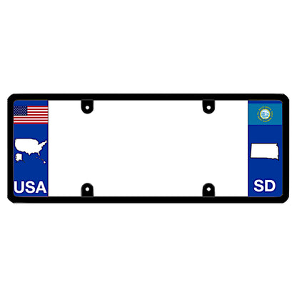 A black elongated South Dakota car tag holder showcasing a USA map graphic and a white SD state silhouette by DFS Brands.