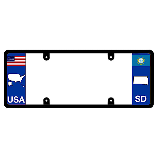 South Dakota license plate frame with USA and SD state flags on a white background