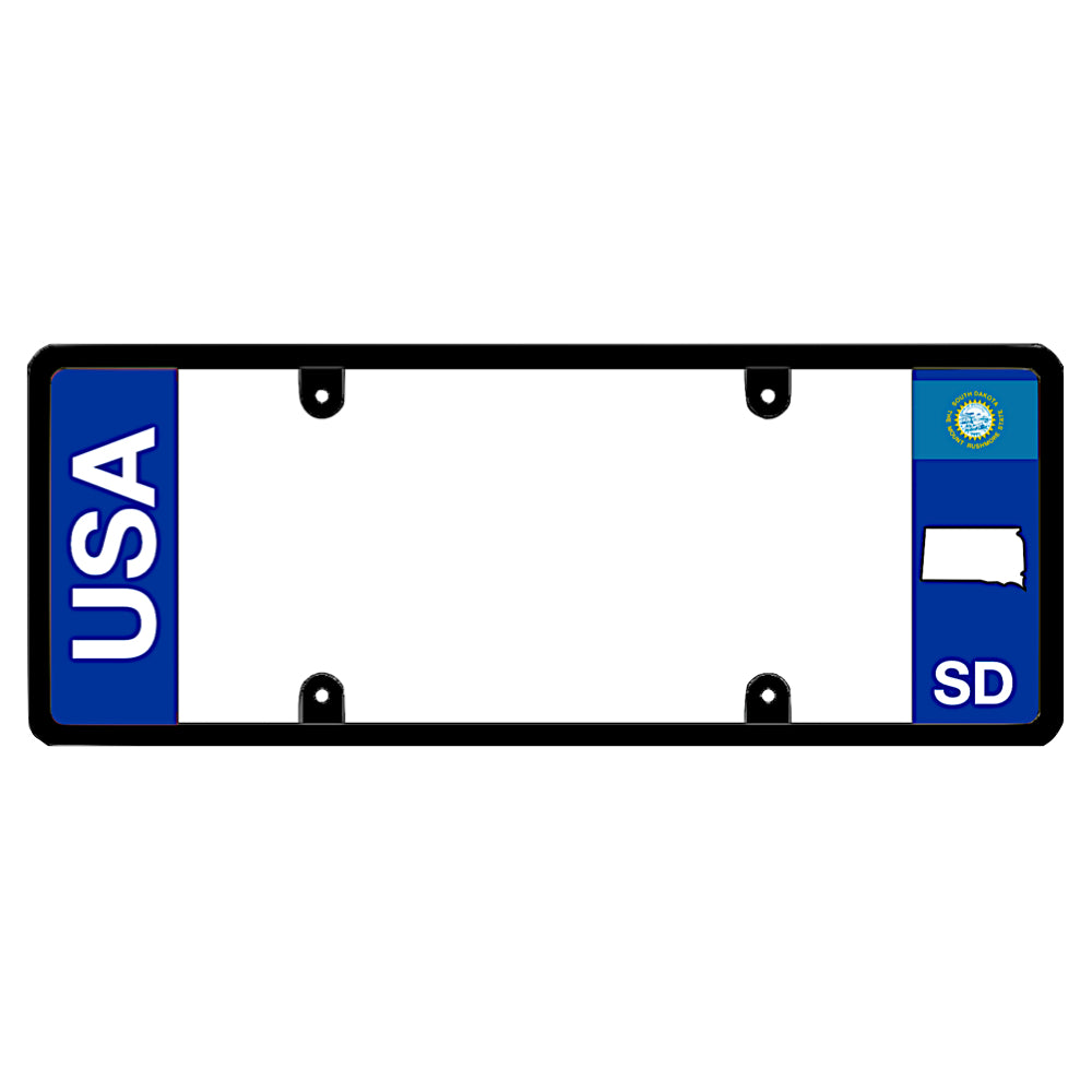 A black elongated South Dakota license plate frame featuring clean bold vertical USA and SD text panels by DFS Brands.