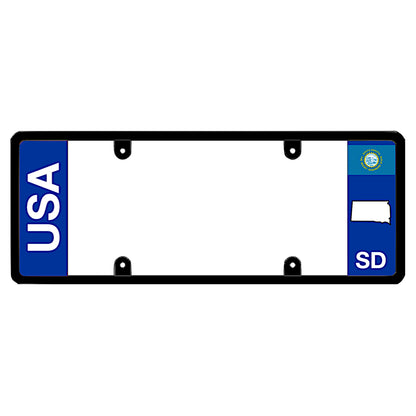 A black elongated South Dakota license plate frame featuring clean bold vertical USA and SD text panels by DFS Brands.