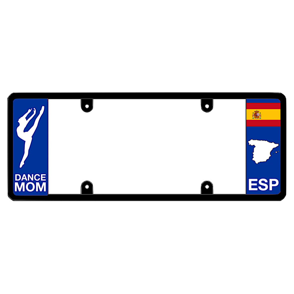 Spanish license plate frame with a dance mom graphic on the left and a Spain flag on the right by DFS Brands.