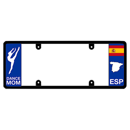 Spanish license plate frame with a dance mom graphic on the left and a Spain flag on the right by DFS Brands.