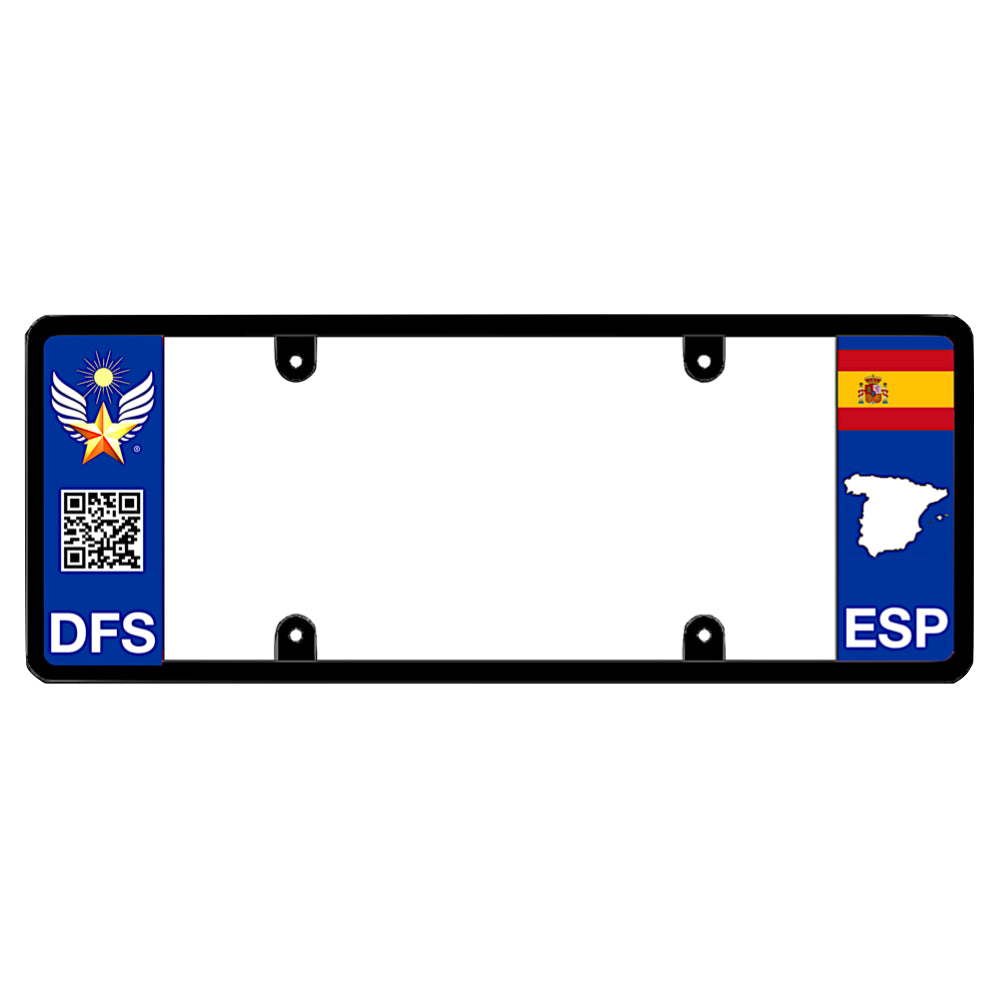 Spanish license plate frame with a scan QR code panel on the left and a Spain flag on the right by DFS Brands.